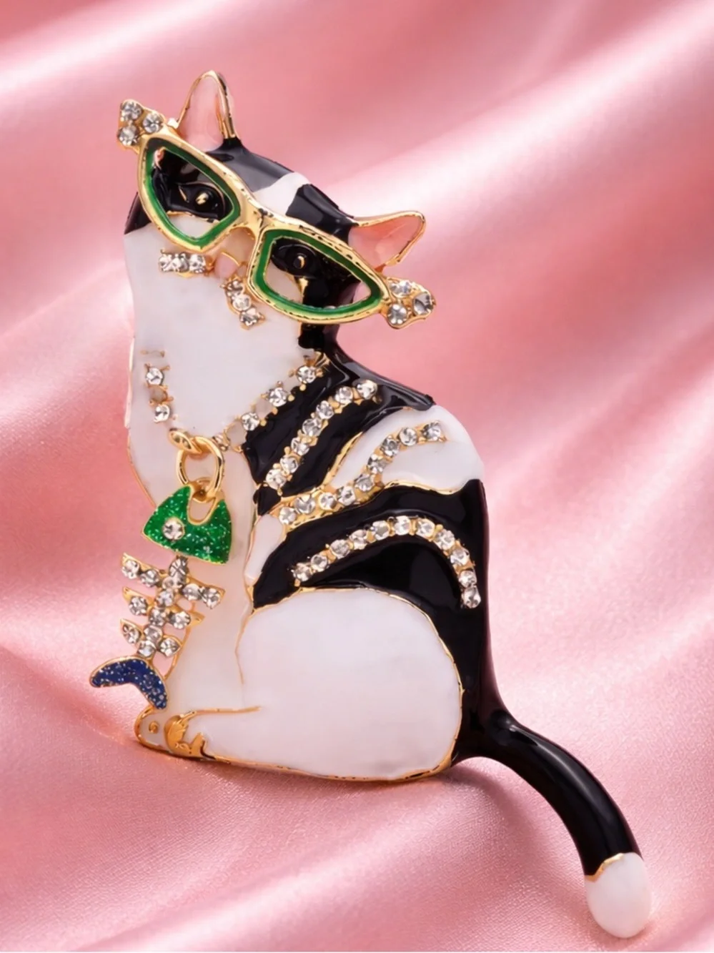 Anthropologie Black White Cat Brooch with Green Glasses and Gold Accents